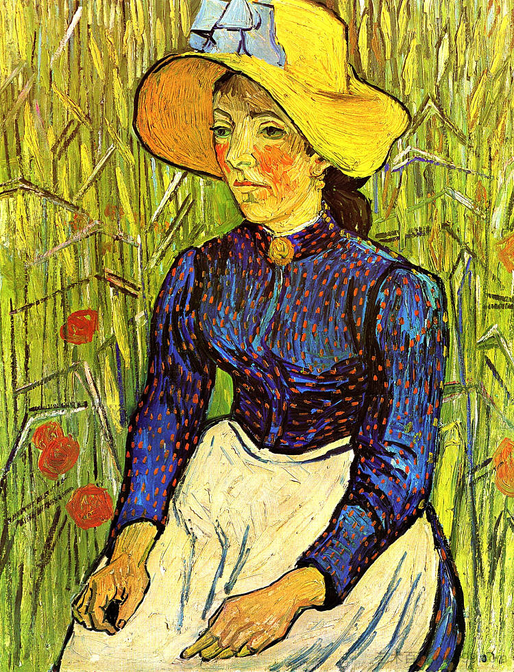 戴着草帽的年轻农家女孩坐在麦田前 Young Peasant Girl in a Straw Hat sitting in front of a wheatfield (1890; France  )，文森特·梵高