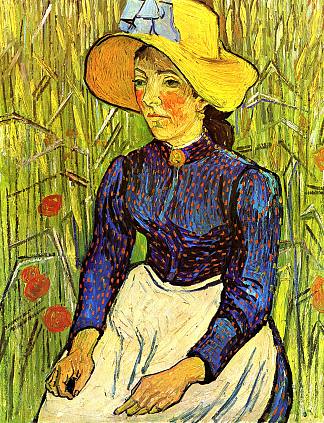 戴着草帽的年轻农家女孩坐在麦田前 Young Peasant Girl in a Straw Hat sitting in front of a wheatfield (1890; France                     )，文森特·梵高