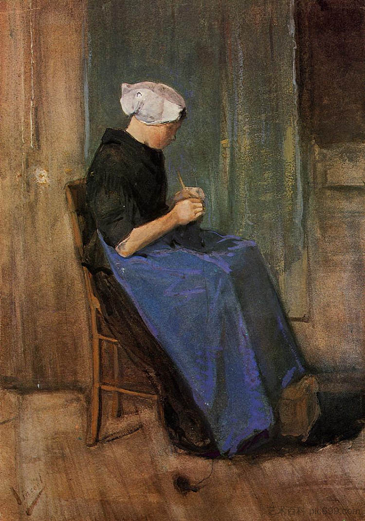 年轻女子编织 Young woman knitting (1881; Netherlands  )，文森特·梵高