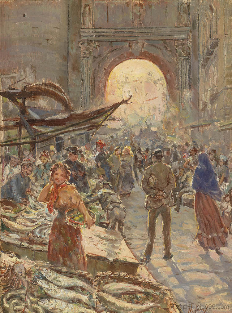 卡普阿纳门热闹的市场 Lively market at the Porta Capuana，文森佐·米利亚罗