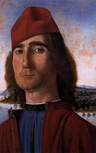 一个戴着红色贝雷帽的无名男子的肖像 Portrait of an Unknown Man with Red Beret (1493; Italy                     )，维托雷·卡尔帕乔