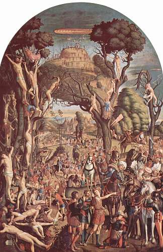 亚拉腊山上的一万名殉道者被钉十字架和荣耀 The Crucifixion and the Glorification the Ten Thousand Martyrs on Mount Ararat (1515; Italy                     )，维托雷·卡尔帕乔