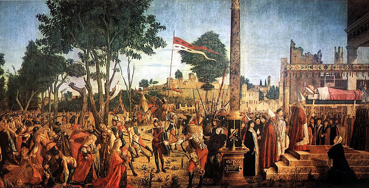 朝圣者的殉难和圣厄休拉的葬礼,来自圣厄休拉周期,1490-94 年 The Martyrdom of the Pilgrims and the Funeral of St. Ursula, from the St. Ursula Cycle, 1490-94 (1493; Italy ),维托雷·卡尔帕乔
