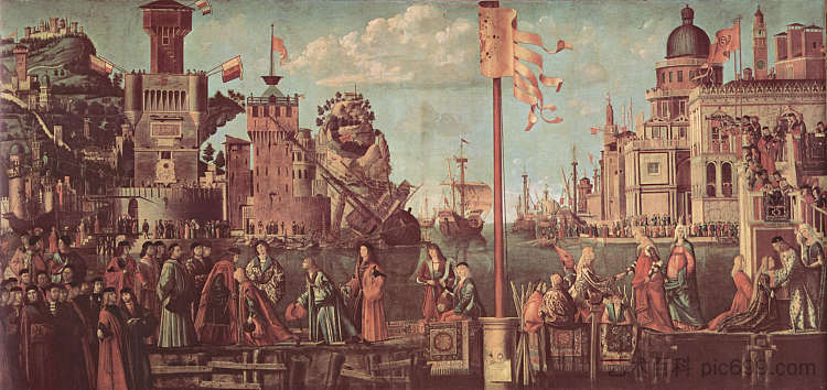 以太和乌苏拉的会面以及朝圣者的离开 The Meeting of Etherius and Ursula and the Departure of the Pilgrims (1498; Italy  )，维托雷·卡尔帕乔