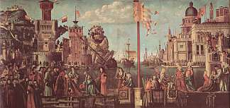 以太和乌苏拉的会面以及朝圣者的离开 The Meeting of Etherius and Ursula and the Departure of the Pilgrims (1498; Italy                     )，维托雷·卡尔帕乔