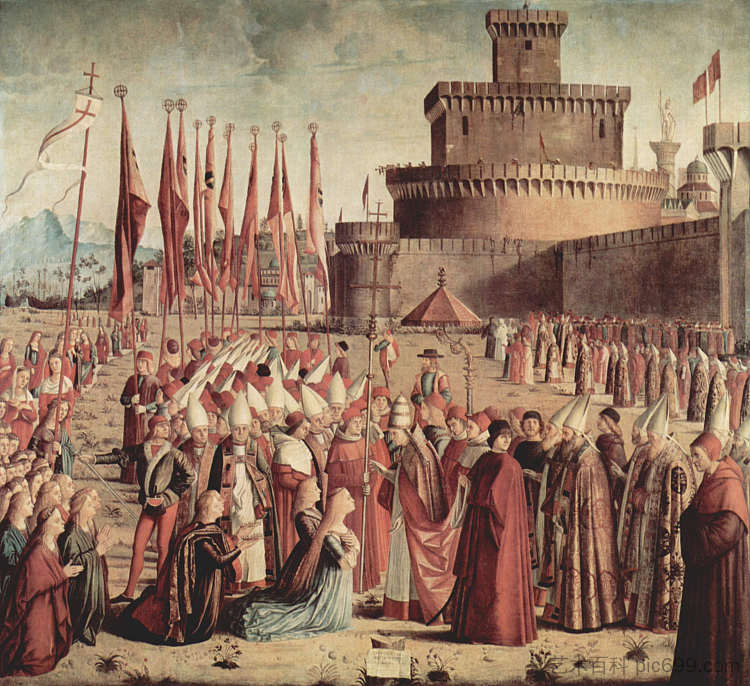 朝圣者在罗马城墙前会见教皇西里亚克 The Pilgrims Meet Pope Cyriac before the Walls of Rome (1493; Italy  )，维托雷·卡尔帕乔