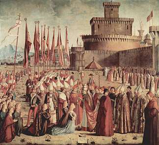 朝圣者在罗马城墙前会见教皇西里亚克 The Pilgrims Meet Pope Cyriac before the Walls of Rome (1493; Italy                     )，维托雷·卡尔帕乔