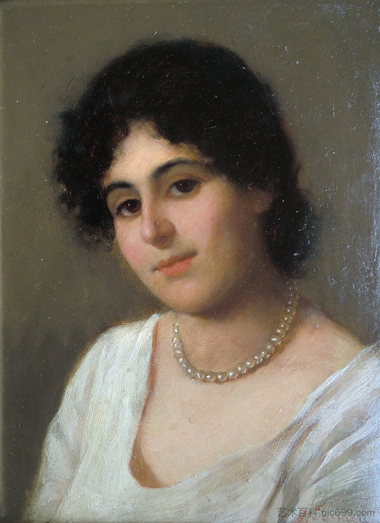 年轻女子与珍珠项链 Young woman with pearl necklace (c.1891)，维托里奥·特萨里