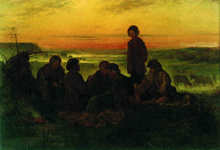 农家男孩在夜间守马 Peasant boys guard the horses at night (1869)，费拉基米尔·马科夫斯基