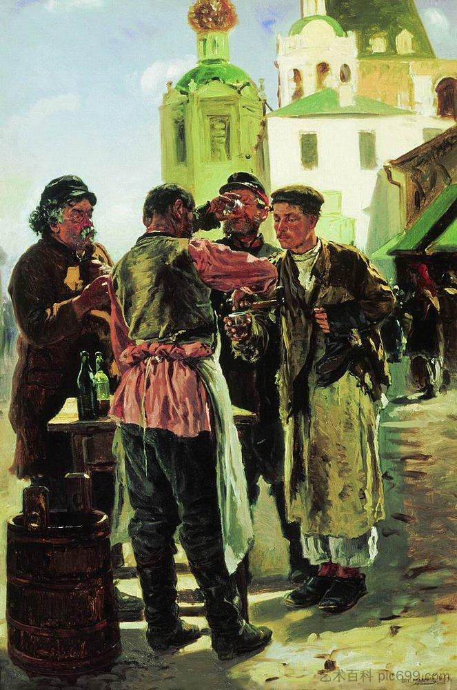 酿酒卖家。研究画作“莫斯科市场” Brew seller. Study for the painting "Market in Moscow" (1879; Russian Federation  )，费拉基米尔·马科夫斯基