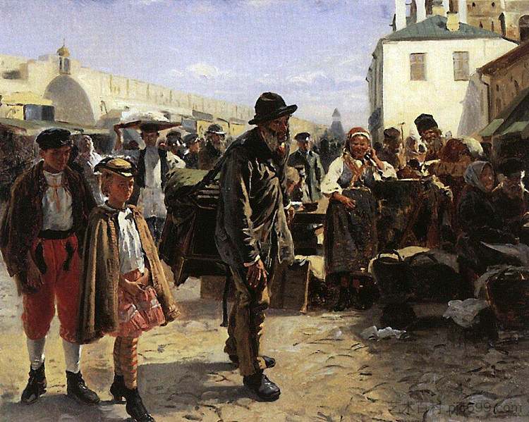 风琴研磨机。研究画作“莫斯科市场” Organ grinder. Study for the painting "Market in Moscow" (1879; Russian Federation  )，费拉基米尔·马科夫斯基