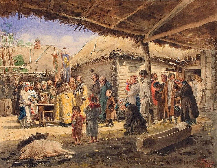 乌克兰农场的祈祷服务。画作“复活节祈祷”的素描 Prayer service at the farm in Ukraine. Sketch for the painting "Prayer at Easter" (1886; Ukraine  )，费拉基米尔·马科夫斯基