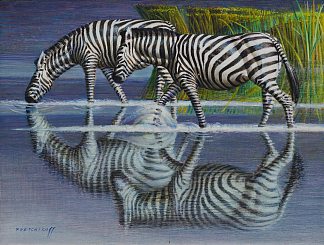 斑马饮酒 Zebras Drinking，弗拉基米尔·特列奇科夫