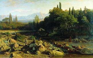 克里米亚。有河流的景观。 Crimea. Landscape with a river. (1868)，弗拉基米尔奥尔洛夫斯基