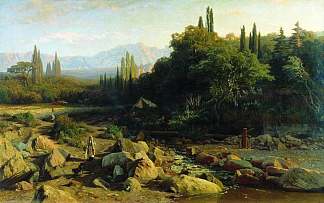 克里米亚。有河流的景观。 Crimea. Landscape with a river. (1868)，弗拉基米尔奥尔洛夫斯基