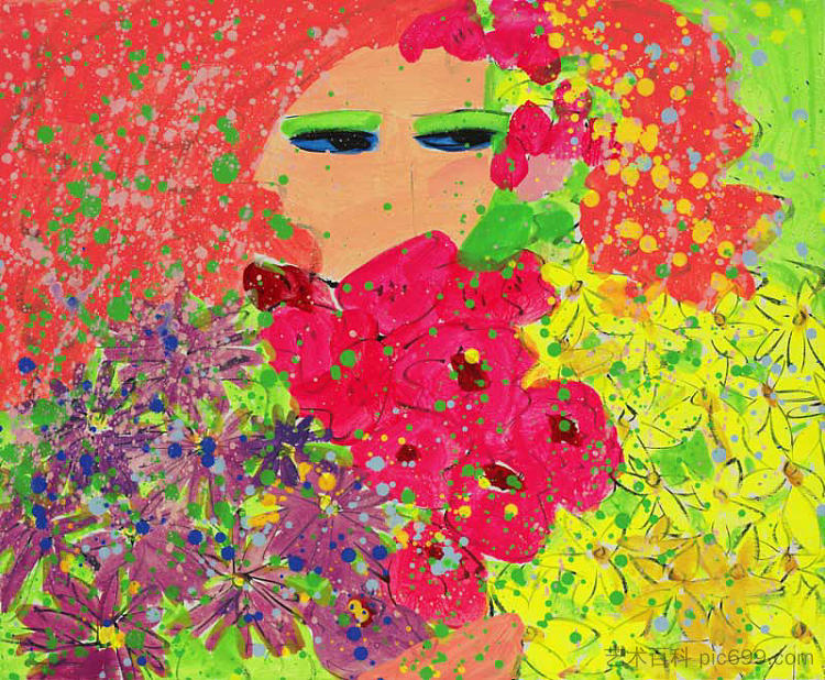 橙色头发和鲜花的女孩 Girl with Orange Hair and Flowers，丁雄泉