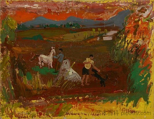 孩子们与狗和小马玩耍 Children Playing with a Dog and a Pony，瓦尔特·巴蒂斯