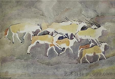 岩画 - 伊兰群岛，一个有皱巴巴的角 Rock art - Group of Eland, one having a crumpled horn，瓦尔特·巴蒂斯