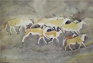 岩画 – 伊兰群岛，一个有皱巴巴的角 Rock art – Group of Eland, one having a crumpled horn，瓦尔特·巴蒂斯