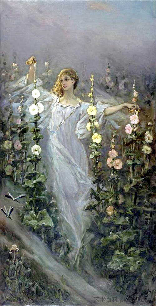 冬青之间的女孩 Girl Between Hollyhocks (1900)，威廉·科塔宾斯基