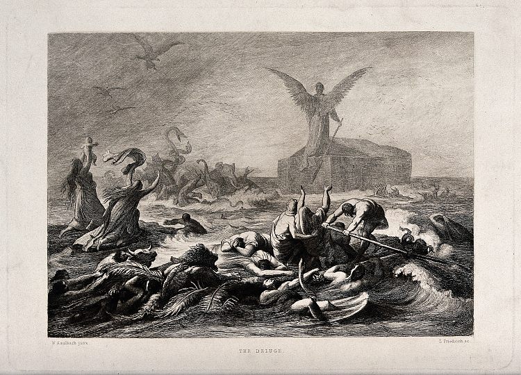 一个巨大的天使站在诺亚方舟顶上，背对着 A Huge Angel Stands Atop Noah's Ark, Its Back Turned Towards，威廉·冯·考尔巴赫