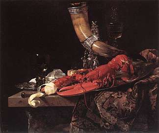 静物与喝喇叭 Still-Life with Drinking-Horn (1653)，威廉·考尔夫