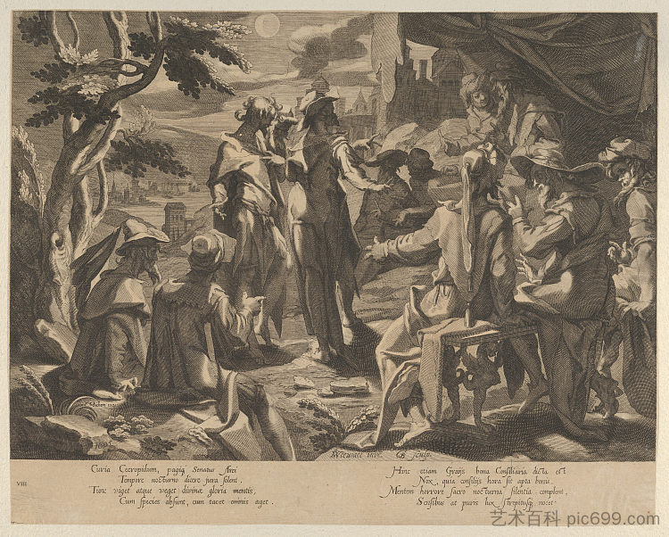 描绘雅典审判亚略帕格石的月光场景 A Moonlit Scene Depicting the Areopagite Judged of Athens (1605),斯瓦嫩堡的威廉