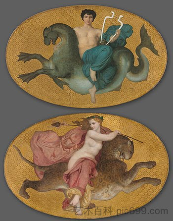 海马上的阿里昂和黑豹上的酒神(一对) Arion on a Sea Horse and Bacchante on a Panther (pair) (1855),威廉·阿道夫·布格罗