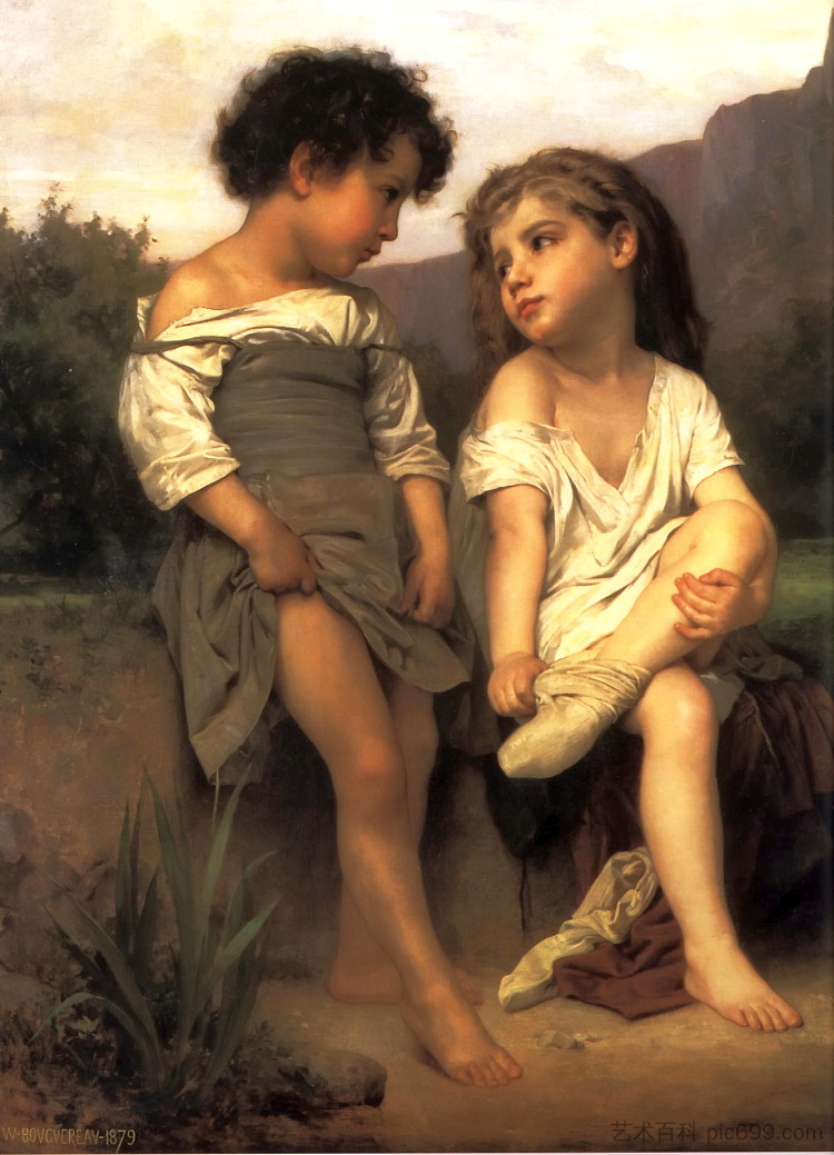 在小溪的边缘 At the Edge of the Brook (1879),威廉·阿道夫·布格罗