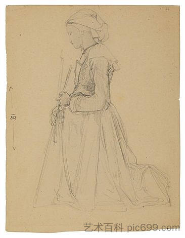 一位身穿布列塔尼服装的年轻女子跪着 A young woman in Breton costume, kneeling，威廉·阿道夫·布格罗