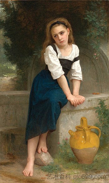 喷泉旁的孤女 Orphan Girl at a Fountain (1883)，威廉·阿道夫·布格罗