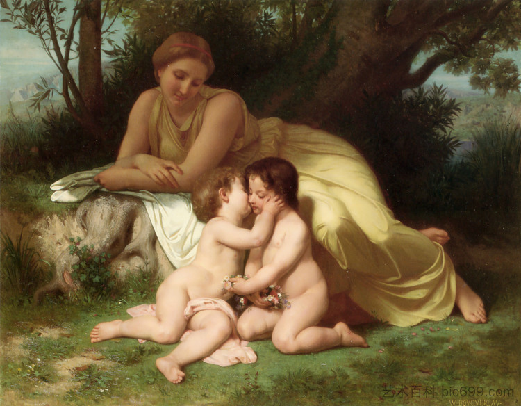 年轻女子正在考虑两个拥抱的孩子 Young Woman Contemplating Two Embracing Children (1861),威廉·阿道夫·布格罗