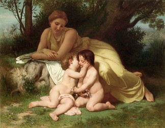 年轻女子正在考虑两个拥抱的孩子 Young Woman Contemplating Two Embracing Children (1861)，威廉·阿道夫·布格罗