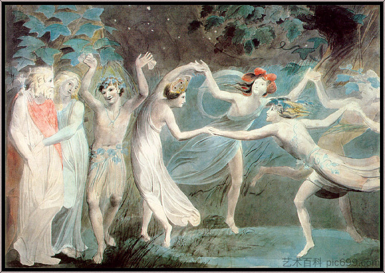 奥伯伦、缇坦妮雅和帕克与仙女跳舞 Oberon, Titania and Puck with Fairies Dancing (c.1786)，威廉·布莱克