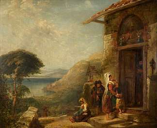 那不勒斯湾维科附近嘉布遣会修道院门口的可怜旅行者 Poor Travellers at the Door of a Capuchin Convent near Vico, Bay of Naples，威廉·柯林斯