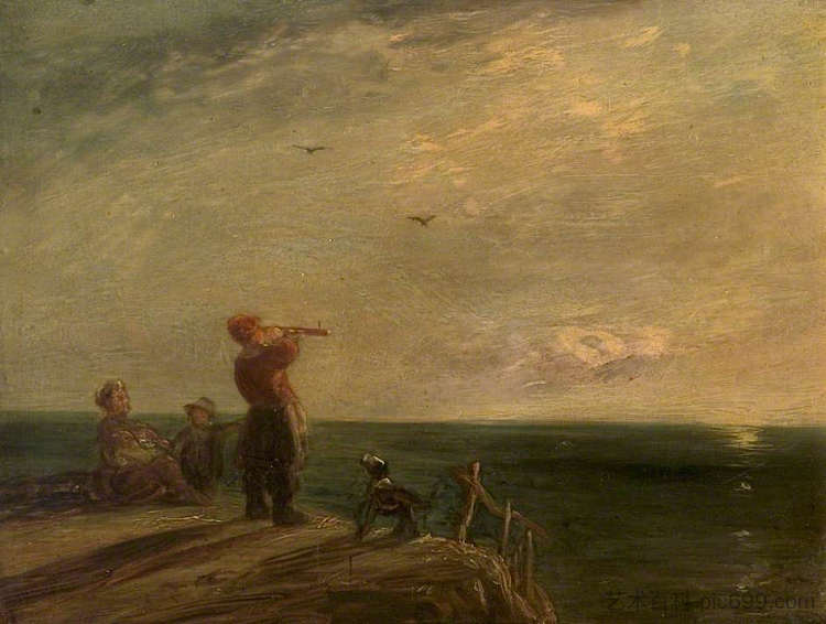 海景与人物和狗，日落 Seascape with Figures and Dog, Sunset，威廉·柯林斯