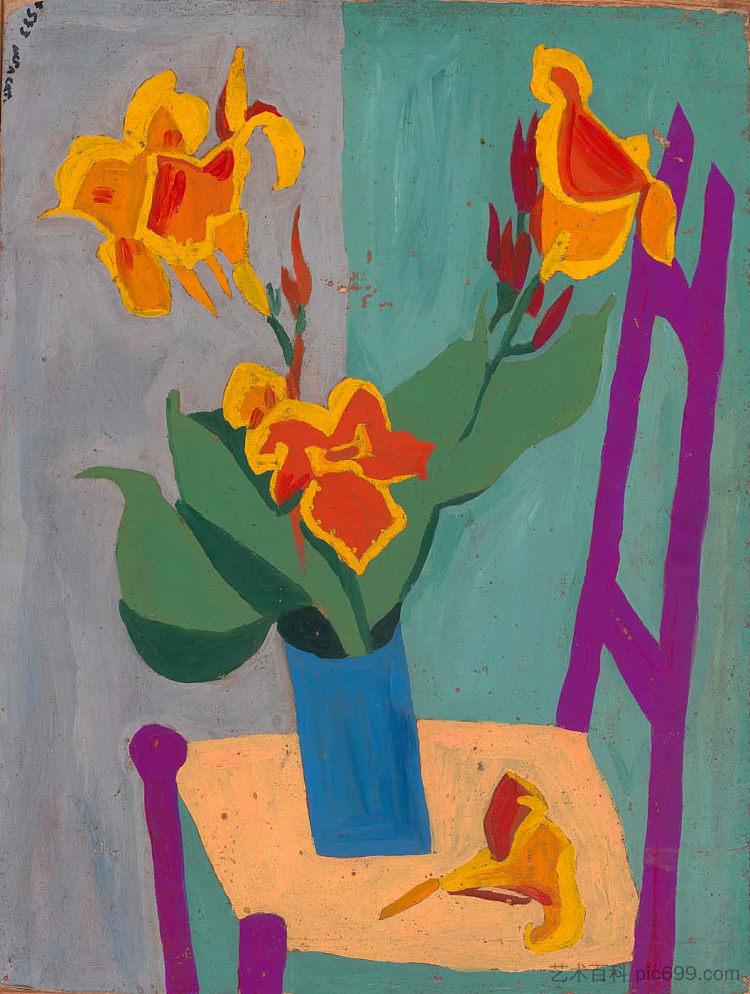 静物 - 椅子和鲜花 Still Life - Chair and Flowers (1945)，威廉·H·约翰逊