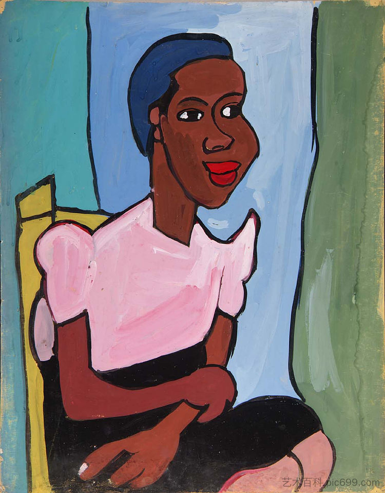 女人在黄色椅子上穿粉红色衬衫 Woman with Pink Blouse in Yellow Chair (1940)，威廉·H·约翰逊