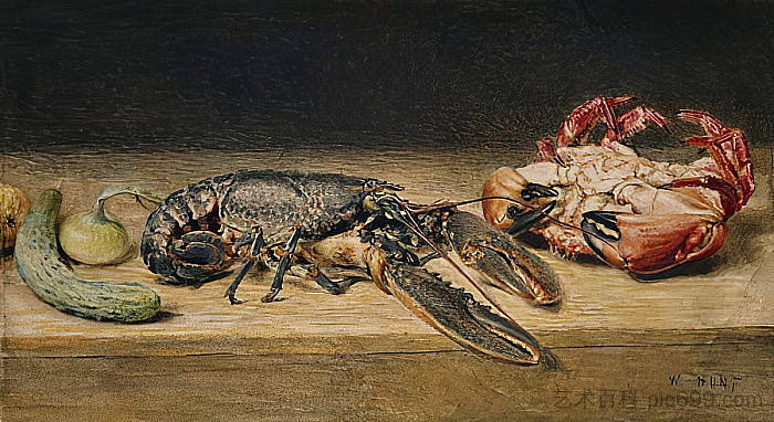 龙虾、螃蟹和黄瓜 Lobster, Crab and Cucumber (1827)，威廉·亨利·亨特