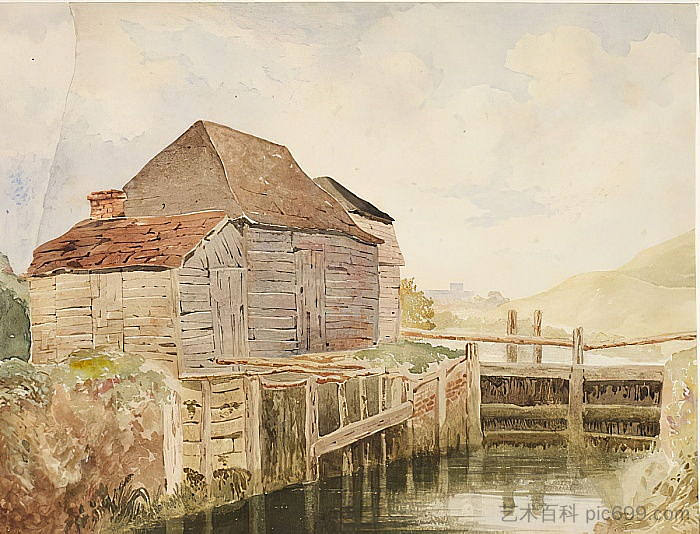 老磨坊和闸门（圣凯瑟琳） Old Mill and Lock Gates (St.Catherine's) (c.1820 - c.1840)，威廉·亨利·亨特