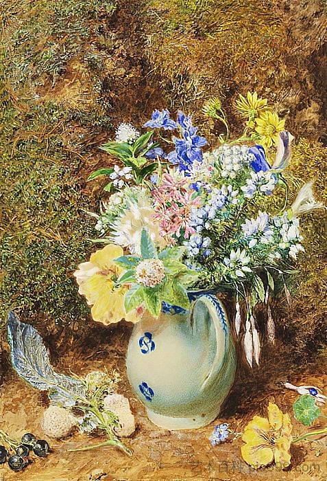 淡蓝色瓷壶，有石楠和小花 Pale blue china jug with heaths and small flowers (c.1860)，威廉·亨利·亨特