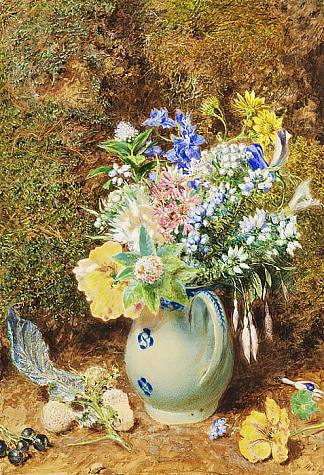 淡蓝色瓷壶，有石楠和小花 Pale blue china jug with heaths and small flowers (c.1860)，威廉·亨利·亨特