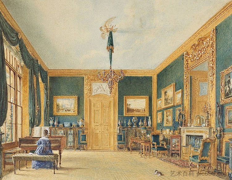 卡西奥伯里埃塞克斯伯爵的绿色客厅 he Green Drawing Room of the Earl of Essex at Cassiobury (1823)，威廉·亨利·亨特