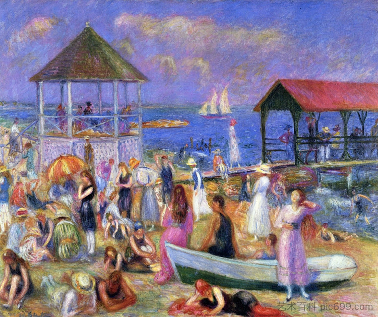 海滩风光，新伦敦 Beach Scene, New London (1918; United States  )，威廉·詹姆斯·格莱肯斯