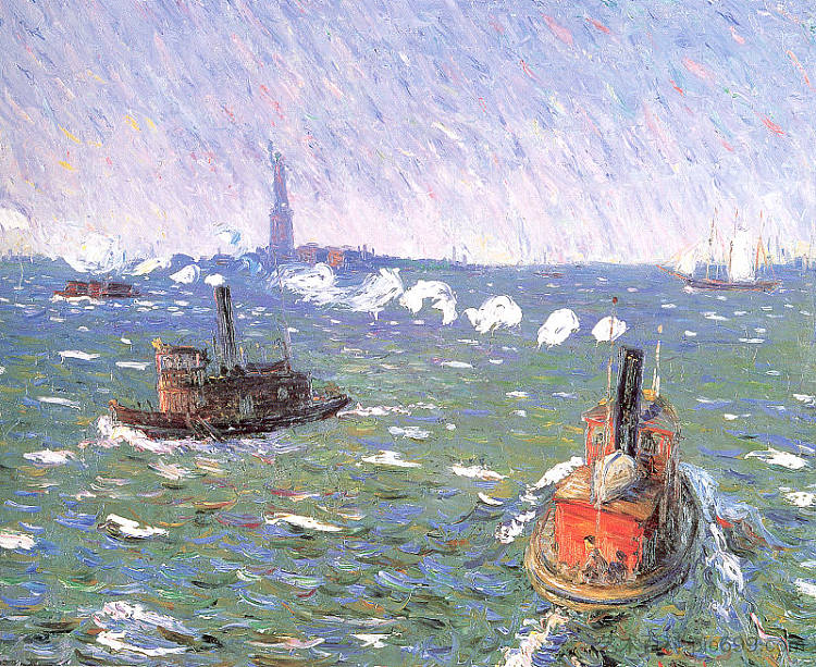 微风拂面，拖船，纽约港 Breezy Day, Tugboats, New York Harbor (1910; United States  )，威廉·詹姆斯·格莱肯斯