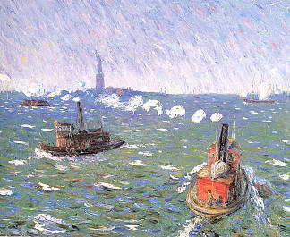 微风拂面，拖船，纽约港 Breezy Day, Tugboats, New York Harbor (1910; United States                     )，威廉·詹姆斯·格莱肯斯