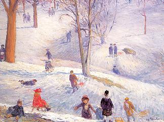 中央公园的雪橇 Sledding in Central Park (1912; United States                     )，威廉·詹姆斯·格莱肯斯