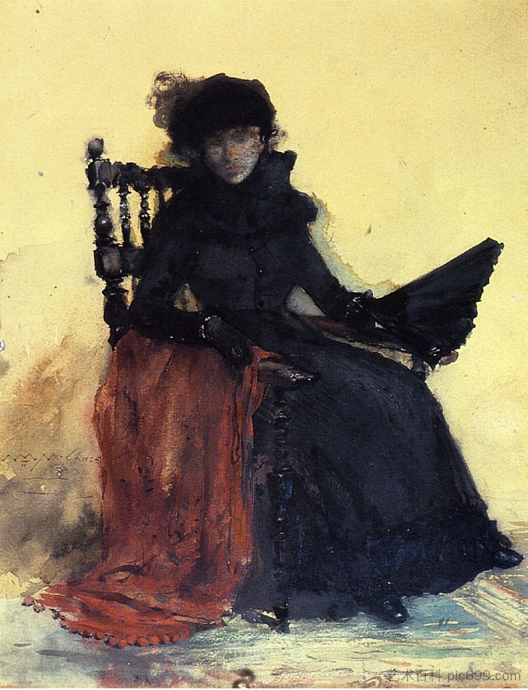 黑衣女郎（又名红披肩） A Lady in Black (aka The Red Shawl) (1883)，威廉·梅里特·切斯