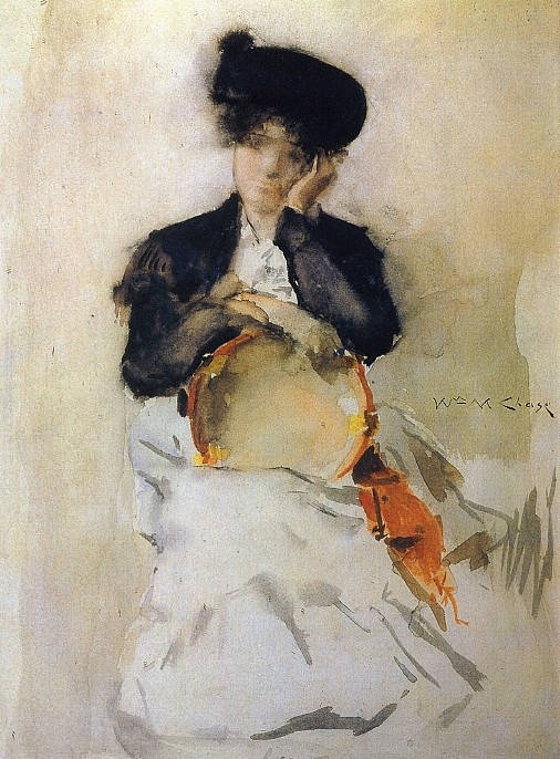 女孩与铃鼓 Girl with Tambourine (c.1886)，威廉·梅里特·切斯