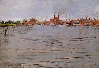 海港风光，布鲁克林码头 Harbor Scene, Brooklyn Docks (1886)，威廉·梅里特·切斯